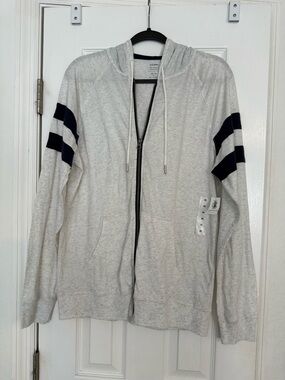 NWT Old Navy Light Gray Hooded Zip-Up with Navy Sleeve Stripes